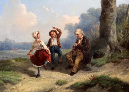 Robert Favelle (French, 1820-1886) Children dancing and chasing chickens, 9.5 x 13.75in.